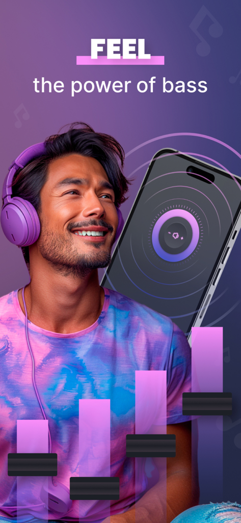 Sound, Bass Booster - Music EQ - A man wearing purple headphones enjoying bass boosted music with manual equalizer sliders.