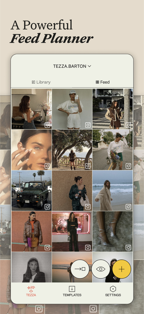 Tezza App-Feed-Planer-Oberfläche, die ein kuratiertes Raster aus ästhetischen Mode- und Lifestyle-Fotos für Social Media anzeigt.