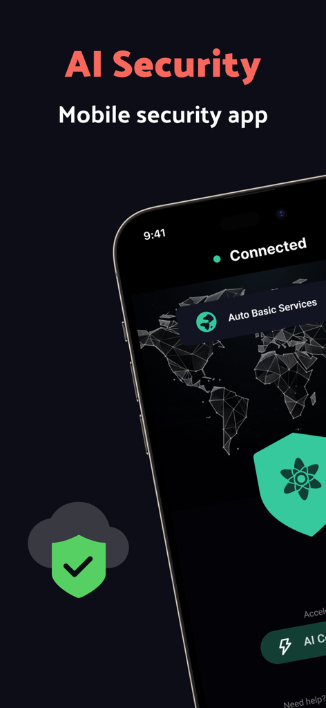 Super VPN Proxy - SuperVPN - Super VPN mobile app interface showing AI security features and active connection status on a smartphone