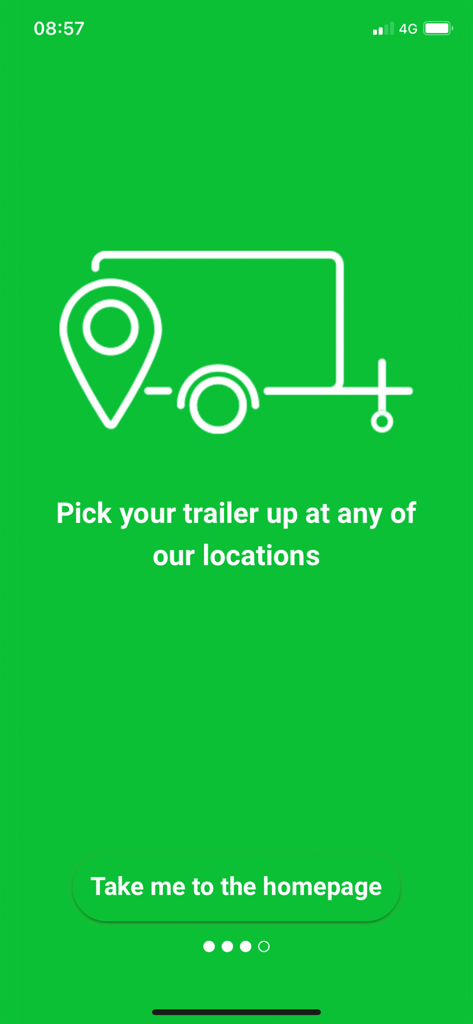 Use4Free app screen with a trailer icon and instructions to pick up a trailer at any of their locations