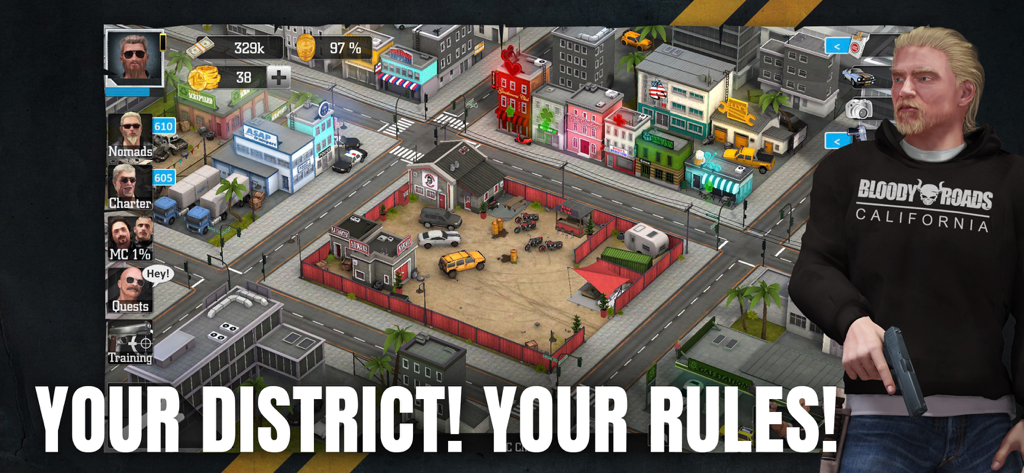 Bloody Roads, California - A top down strategic view of a biker club headquarters and city district in the game Bloody Roads California.