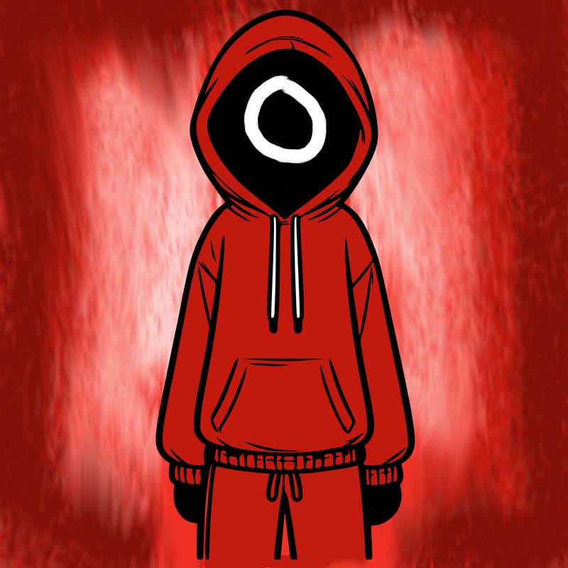 faceless girl in a tracksuit with a hood on and no hair