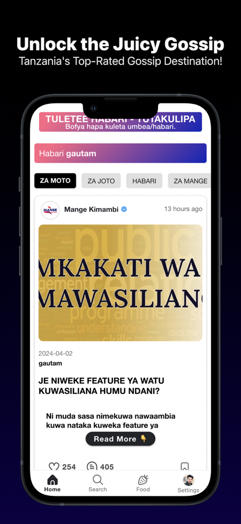 Mange Kimambi mobile app showing Tanzanian gossip and news feed.