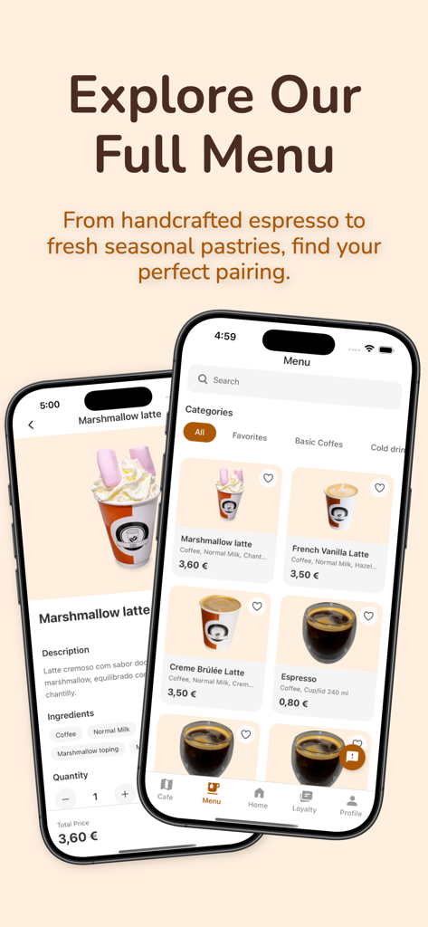 Café Expo - Mobile app interface of Cafe Expo showing a digital coffee menu with various latte options and drink details