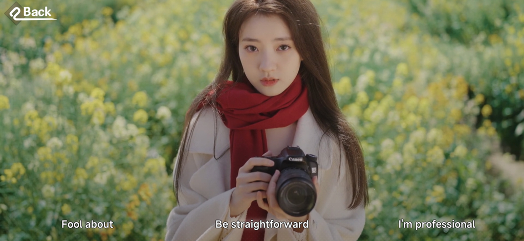 A young woman holding a camera in a field of yellow flowers with interactive game choices.