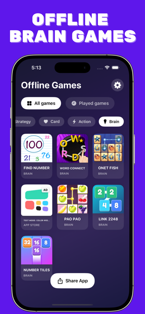 Offline Games - Play Games - Interface of the Offline Games app showing a curated collection of offline brain training mini games