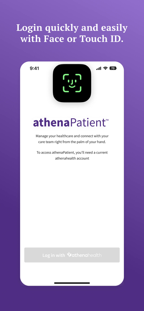 Pantalla de inicio de sesión de la aplicación móvil athenaPatient con seguridad biométrica Face ID