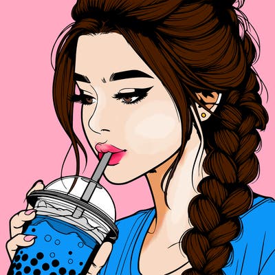 realistic girl drinking boba tea with braided hair