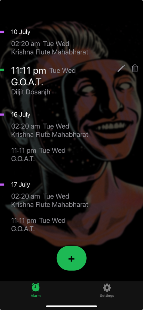 The app interface showing a list of scheduled alarms with custom Spotify song titles and artist names.
