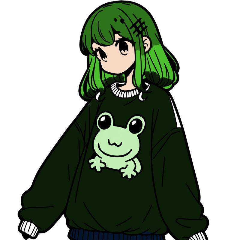 girl wearing frogging sweatshirt