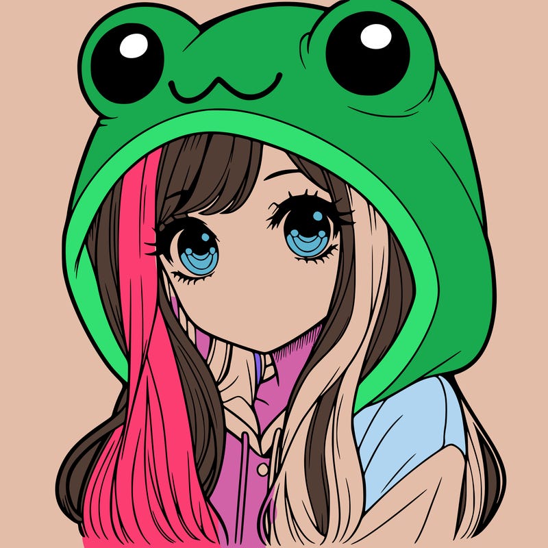 a pretty girl wearing a frog hoodie portrait with long hair