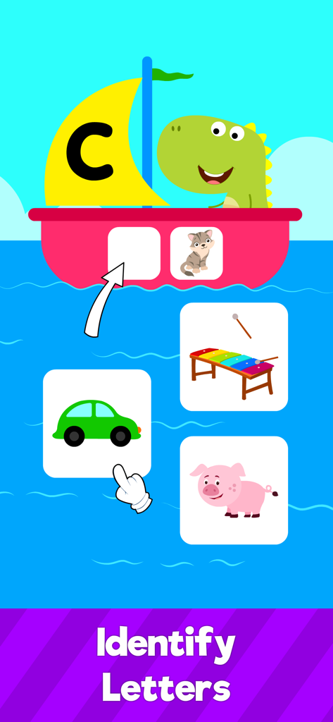 ABC Alphabet Learning for Kids - Pantalla de juego educativo para niños que identifican letras con un personaje de dinosaurio en un barco.
