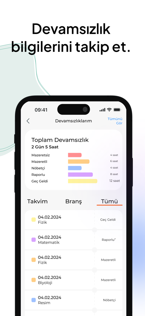 MyExamy - Uma tela de aplicativo móvel do MyExamy exibindo estatísticas de frequência do aluno e um registro de ausências por matéria
