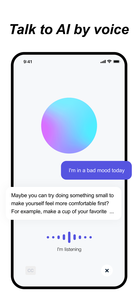 Nice AI Spark - Interface of Nice AI Spark app showing the Talk to AI by voice feature with a colorful gradient orb and text conversation