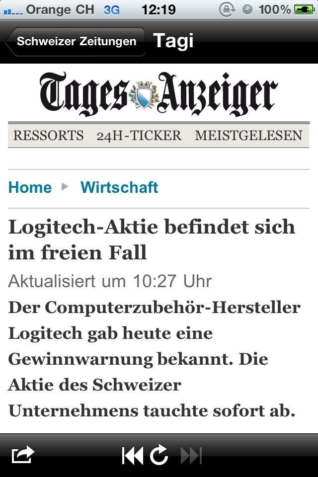 Ein Nachrichtenartikel aus dem Tages-Anzeiger, angezeigt in der Schweizer Zeitungen plus Mobile App.