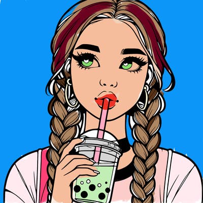realistic girl with braided hair drinking boba