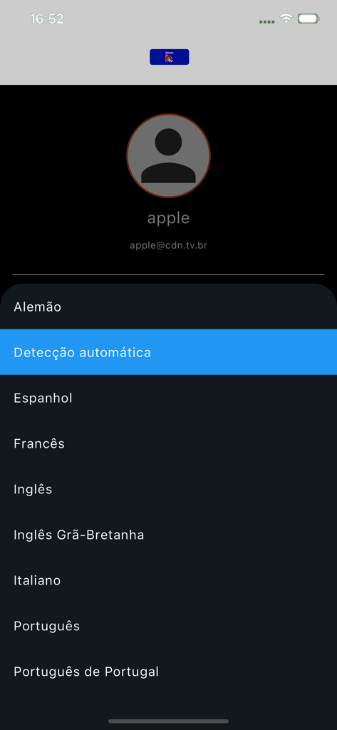 Home TV - Menú de selección de idioma en la aplicación Home TV que muestra portugués y otras opciones internacionales.