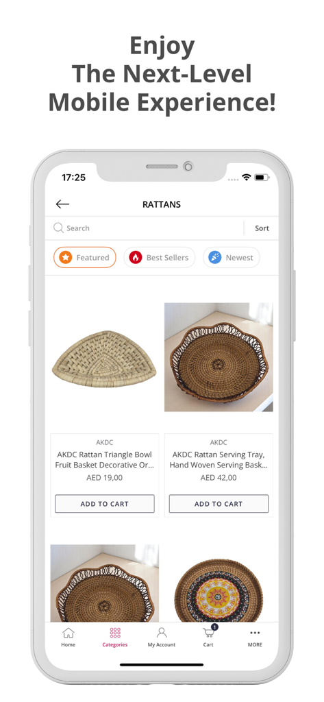AL KABAYEL - Online Shopping - Al Kabayel mobile app interface showing a selection of rattan home decor items and baskets