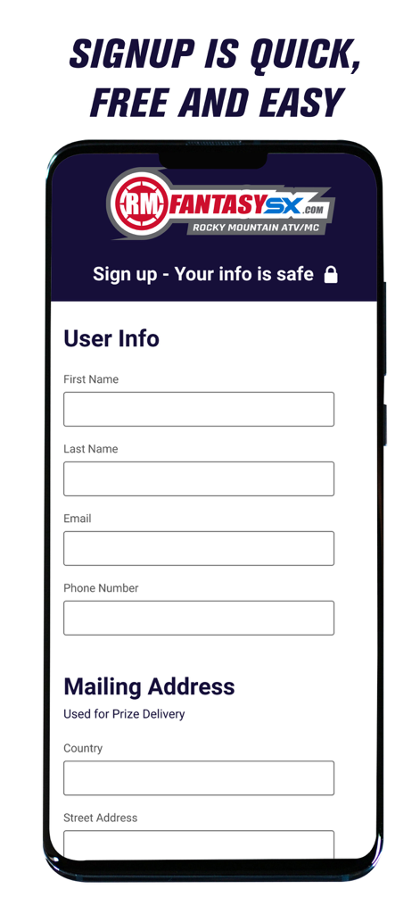 RMFantasy sign up screen with user information and mailing address form fields