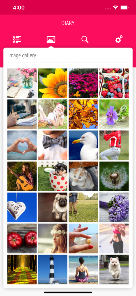 Diary - Journal with password - A grid view of personal photos in the image gallery section of a private journal app.