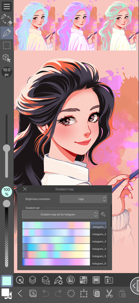 Clip Studio Paint for iPhone - A digital illustration of a girl in Clip Studio Paint for iPhone with the gradient map tool open showing different hologram color sets