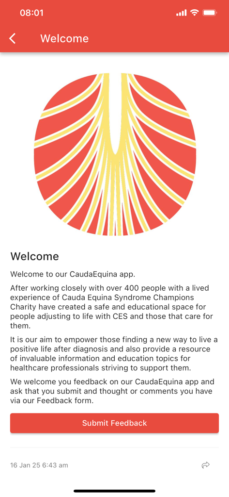 CaudaEquina - Welcome screen of the CaudaEquina app featuring a stylized medical graphic and introductory text about supporting patients with CES.