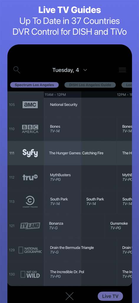 Interface showing live TV guides and DVR control for DISH and TiVo within the Roomie app.