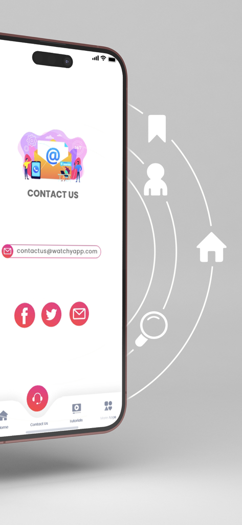 Watchy: use with Instagram - Contact us screen of the Watchy app for Instagram showing support email and social media icons