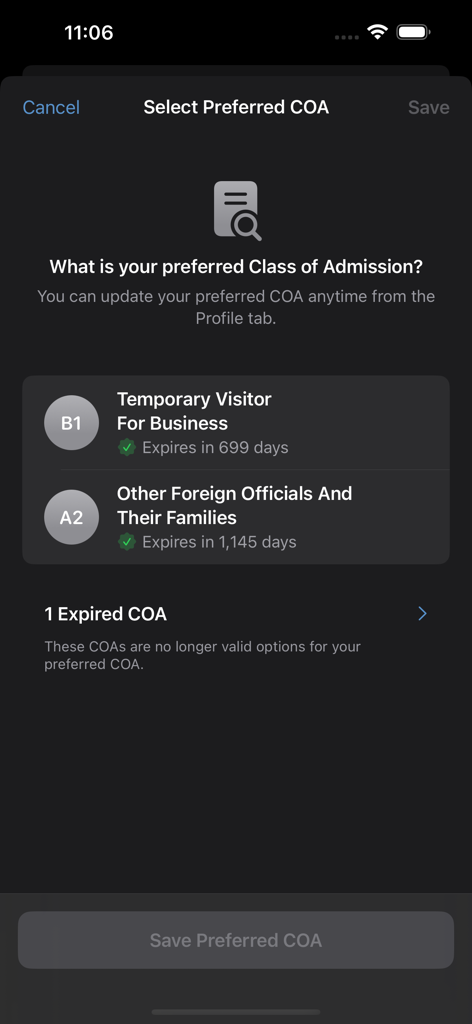 Global Entry Mobile - A screenshot of the Global Entry Mobile app interface where a user can select their preferred Class of Admission from a list of options like Temporary Visitor for Business.