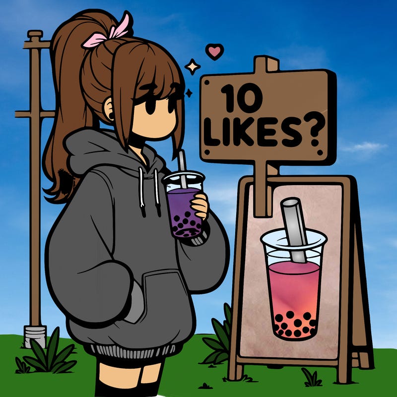 girl with oversized hoodie drinking boba and she has a high ponytail with a sign that says 10likes?
