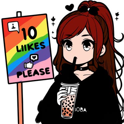 girl with a high ponytail and a hoodie drinking boba staring at a sign saying 10 likes please