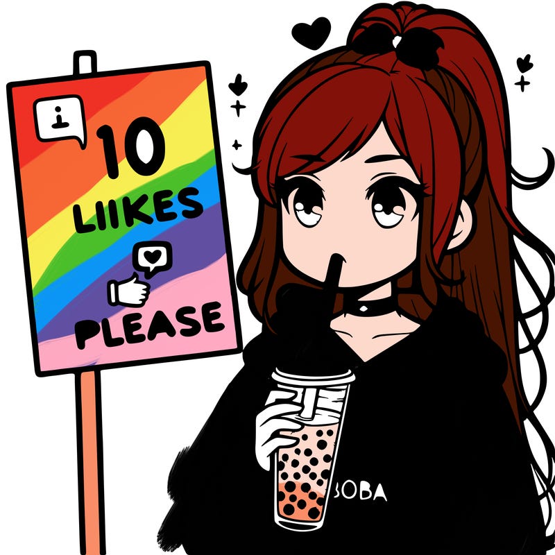 girl with a high ponytail and a hoodie drinking boba staring at a sign saying 10 likes please