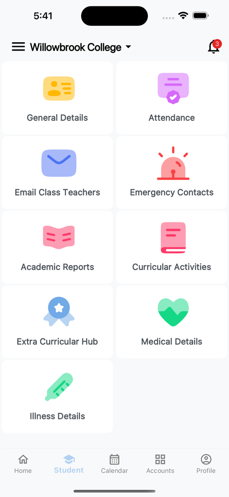 ParentOrbit - ParentOrbit App Studenten-Dashboard zeigt Optionen für Anwesenheit, akademische Berichte und medizinische Details