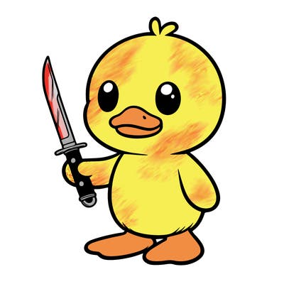 plushie duck standing up holding kinfe