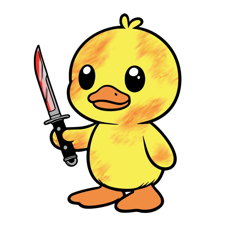 plushie duck standing up holding kinfe