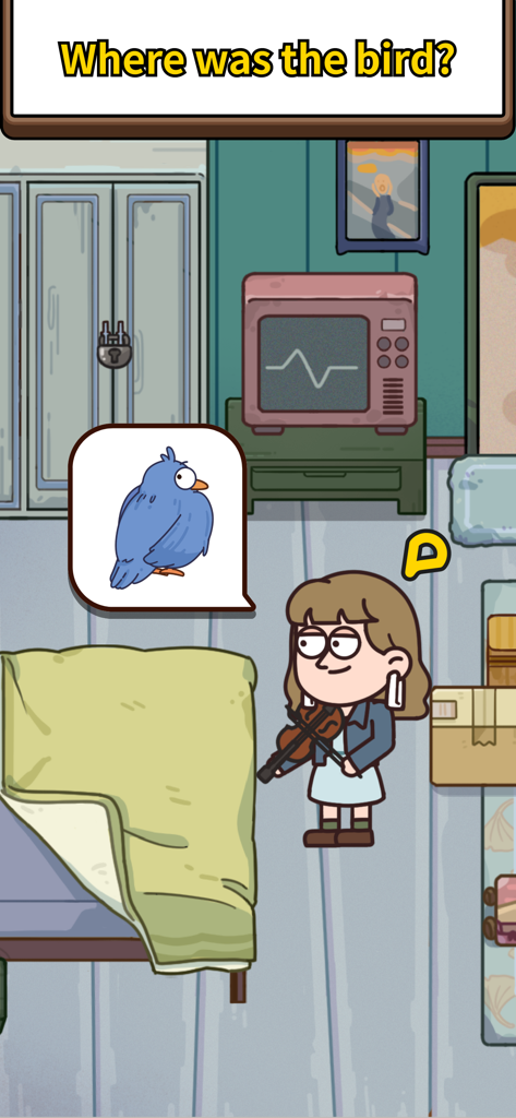 Una escena de acertijo de detective de Case Hunter preguntando Dónde estaba el pájaro con una niña de dibujos animados y una burbuja de diálogo de pájaro azul.