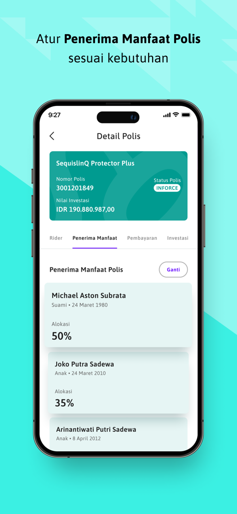 Sequis App - Mobile app screen showing insurance policy details and a list of beneficiaries with their allocation percentages