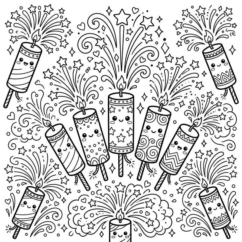 Discover our charming Kawaii Roman Candles coloring page, featuring adorable fireworks bursting with personality and starry effects. This detailed and festive design is perfect for adding a spark of joy to your coloring collection.