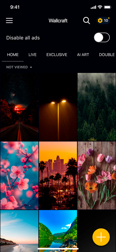 Wallcraft – Wallpapers, live - Uma grade de papéis de parede estéticos de alta qualidade na tela inicial do app Wallcraft, incluindo temas de natureza, cidade e florais