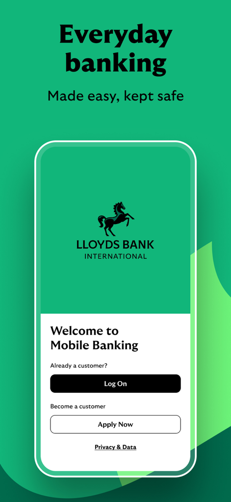 Lloyds Bank International mobile app welcome screen showing login and account application options