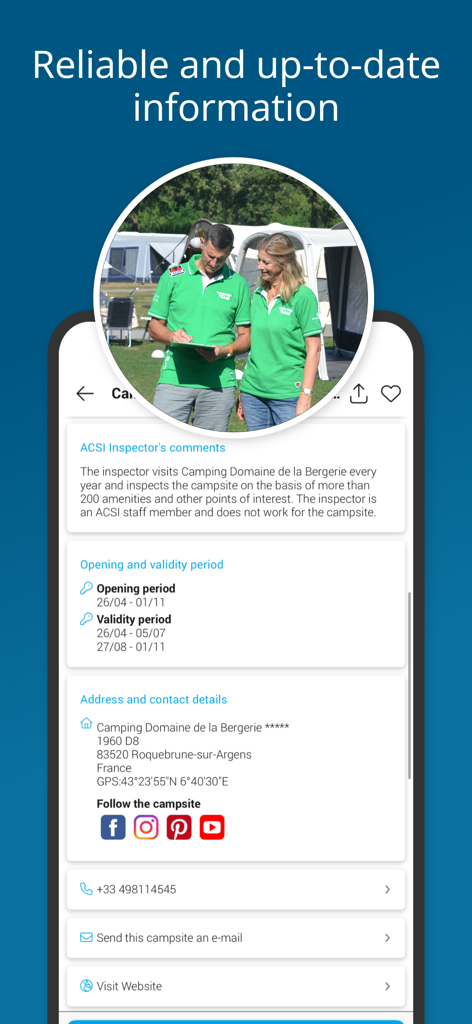 Detailed view of verified campsite information including inspector comments and opening periods in the CampingCard ACSI app