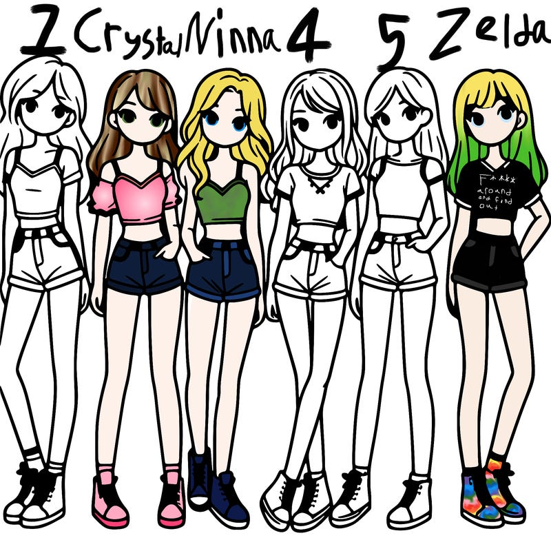 a group of girls wearing crop tops and shorts