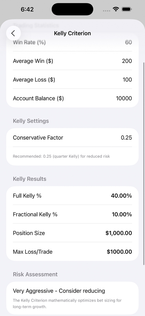 Interface of the Kelly Criterion calculator within the Pip and Lot Size app showing position size and risk assessment results