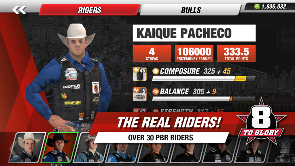 Pantalla de perfil del jinete Kaique Pacheco en el juego de monta de toros 8 to Glory mostrando estadísticas como compostura y equilibrio