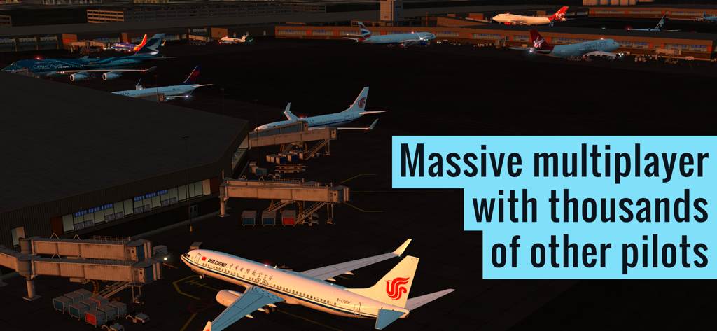 Aviões comerciais em um terminal de aeroporto detalhado à noite, destacando o recurso multiplayer no X-Plane Flight Simulator