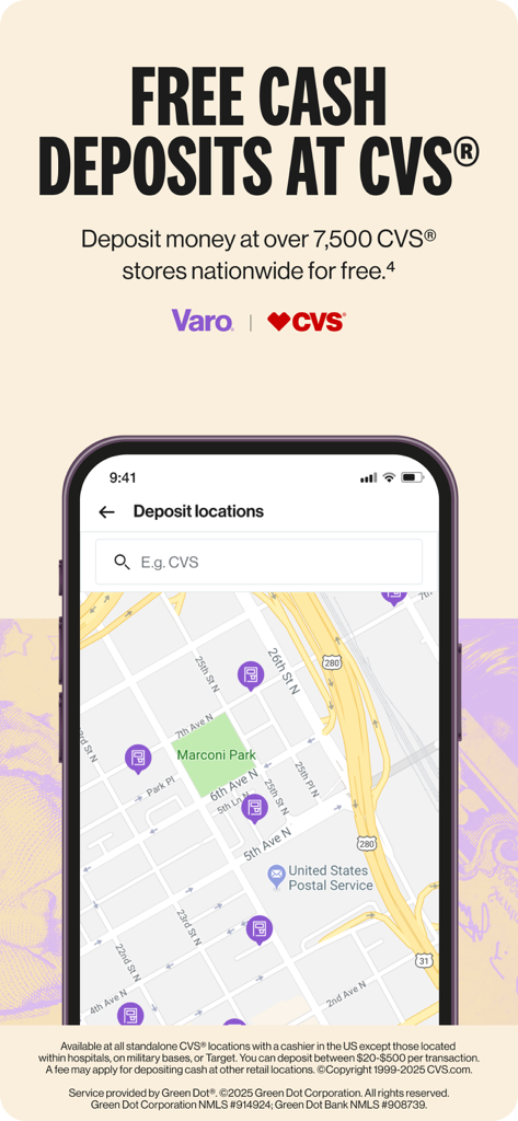 Varo Bank app showing a map of free cash deposit locations at CVS stores