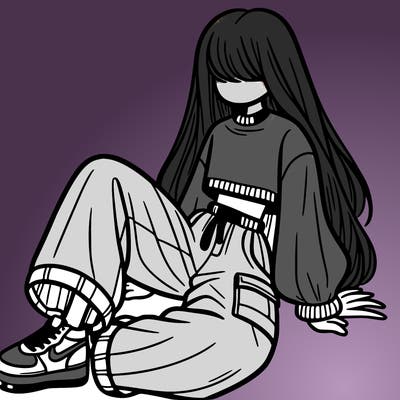 a girl with baggy pants and a crop top with long hair