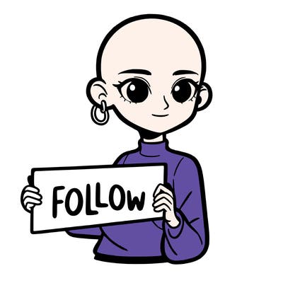 bald asian female holding up a sign says follow me