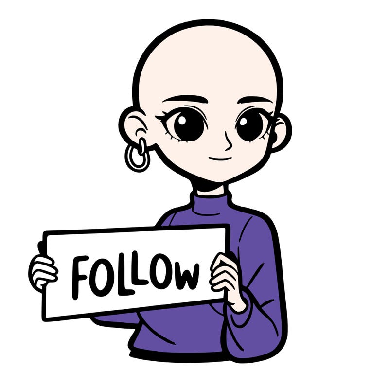 bald asian female holding up a sign says follow me