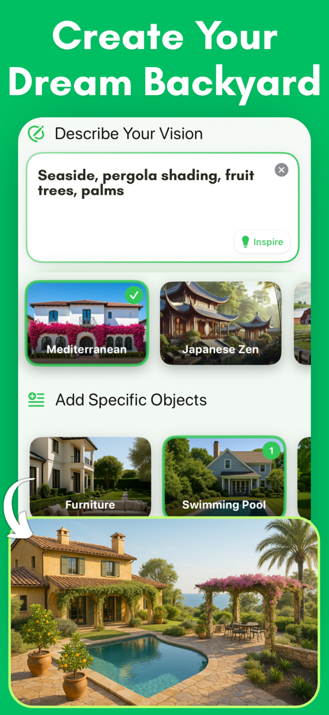 AI Garden Design: AI Landscape - AI Garden Design app interface showing a Mediterranean style backyard transformation with a pool and pergola.